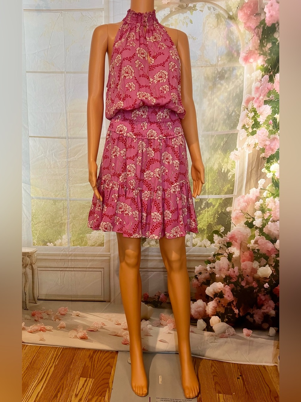 A.L.C. Pink Floral Smocked-Neck Blouse